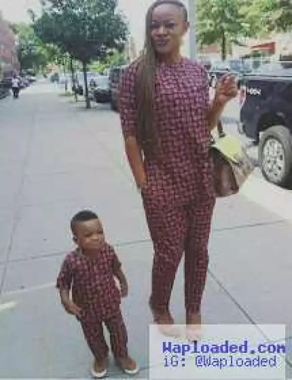 Uche Nnanna and her son in matching outfit